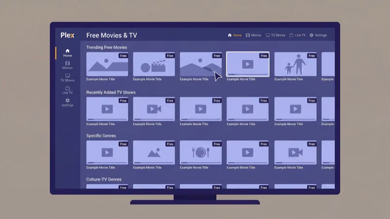 Plex free movie and TV show catalog grid on TV screen