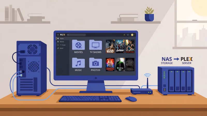 Plex media server setup with desktop computer and NAS storage