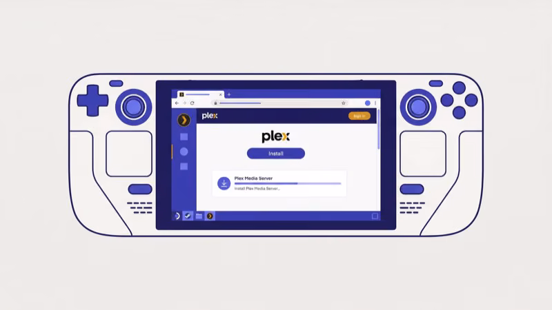 Steam Deck Desktop Mode showing Discover app store for Plex HTPC installation