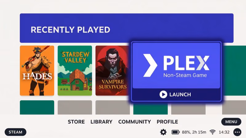 Plex HTPC launching from Steam Deck Gaming Mode library without switching to desktop