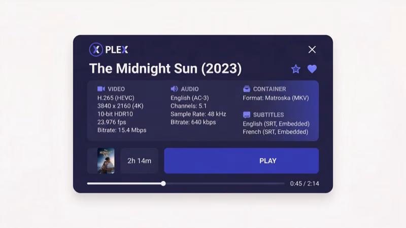 Plex media info panel displaying video codec profile level and audio track details