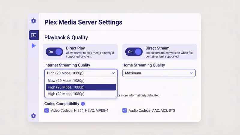 Plex client video quality settings screen showing direct play and original quality options