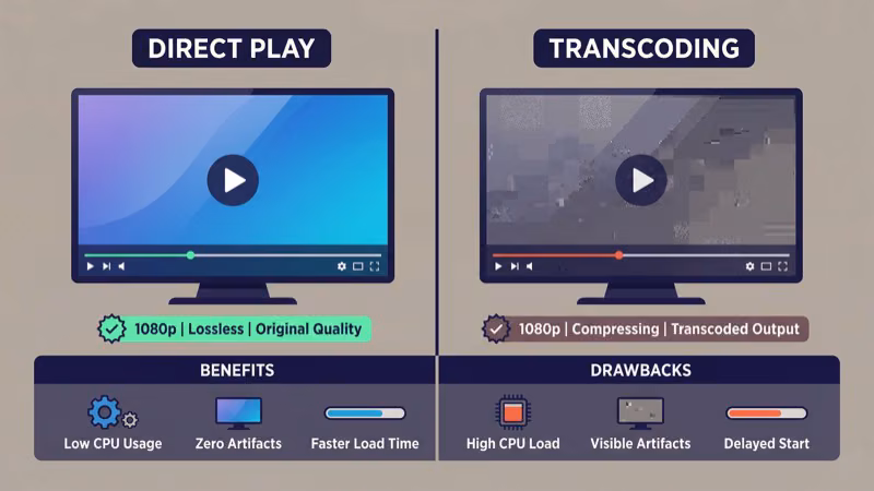 Direct play versus transcoding video quality comparison diagram