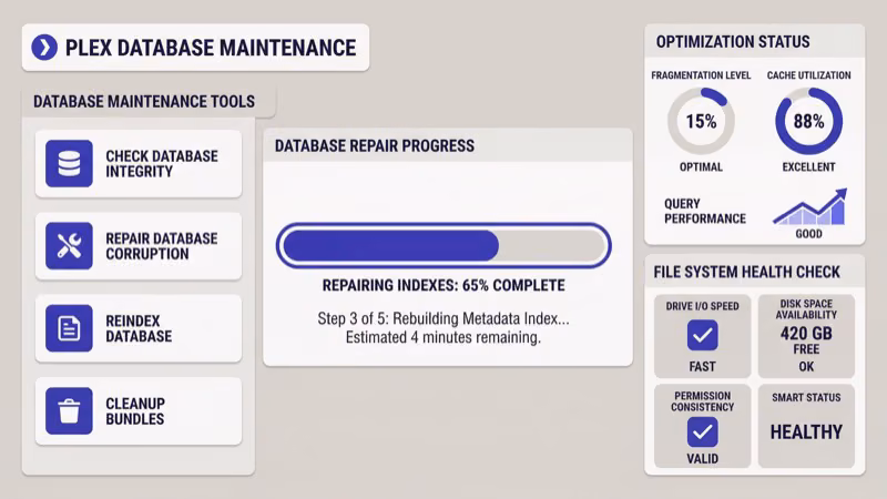 Plex Troubleshooting settings showing Delete All Data button to rebuild corrupted database