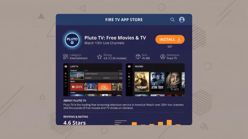 Pluto TV app download screen on Amazon Appstore for Fire TV Stick