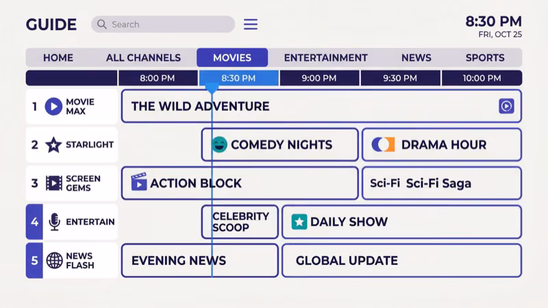 Pluto TV live channel lineup guide showing 250 plus free streaming channels