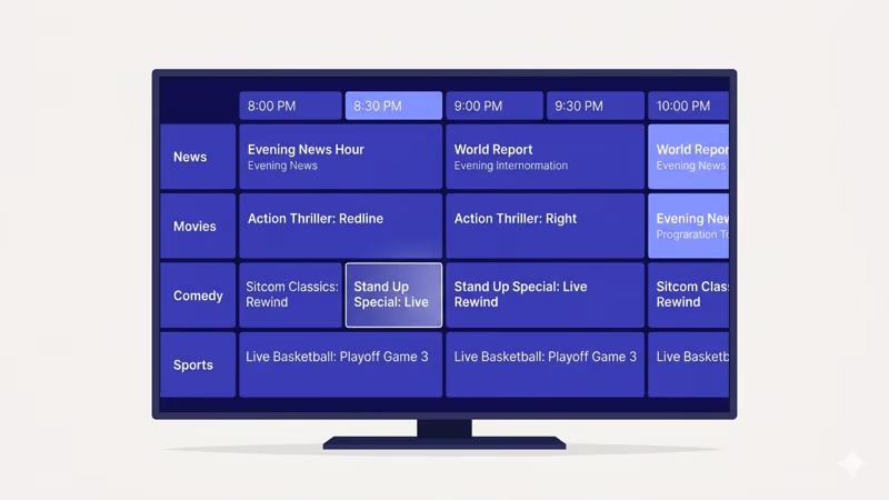 Television screen displaying a channel guide grid with genre categories and time slots
