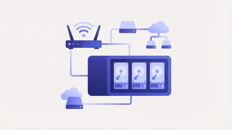 Home media server with external hard drives connected to a wireless router