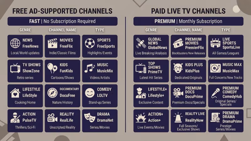 Pluto TV and Sling TV channel guides compared side by side on smart TV screens