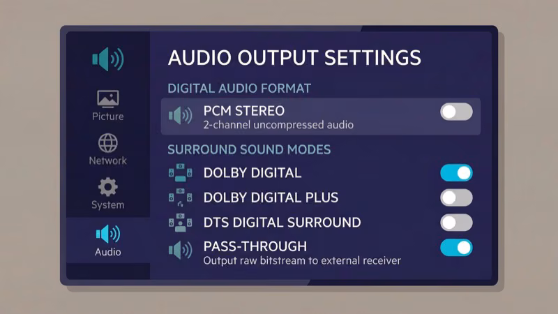 TV audio output settings with PCM and surround sound options