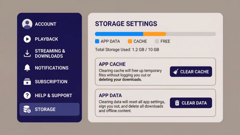 Streaming app settings showing clear cache and data options