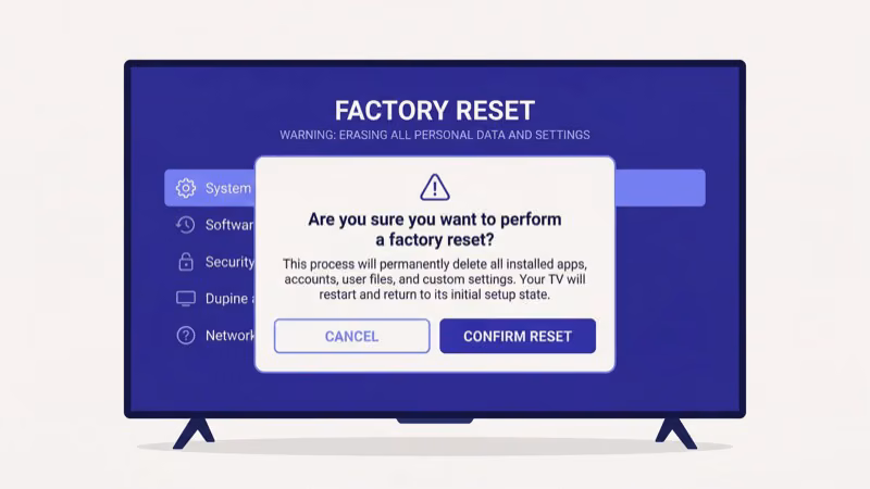 Smart TV factory reset settings menu to resolve persistent Red Bull TV app failures