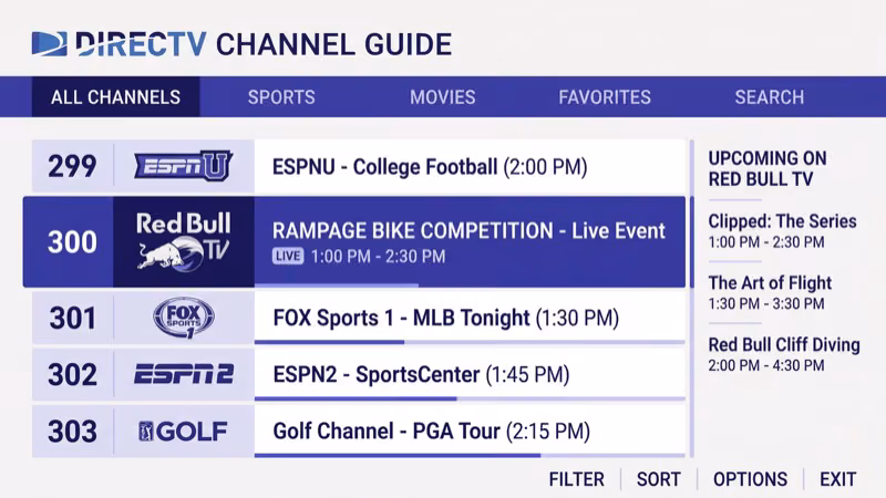 DirecTV channel guide showing Red Bull TV on channel 138 in HD