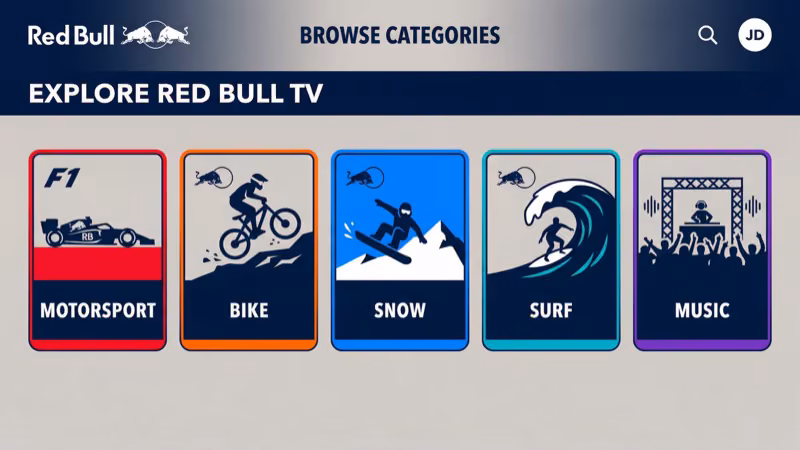 Red Bull TV browse categories screen showing Bike, Skate, Motorsports, and Snow disciplines