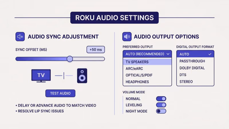 Roku audio settings menu showing stereo mode and PCM-stereo HDMI options