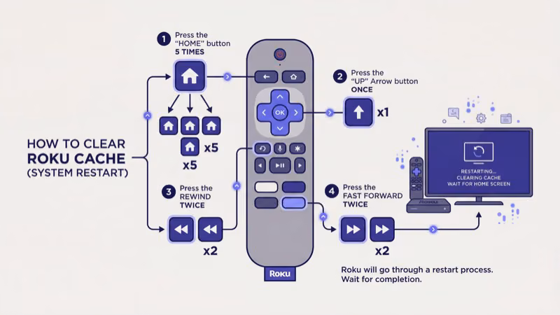 Roku remote showing the button sequence to clear cache and reset audio buffers