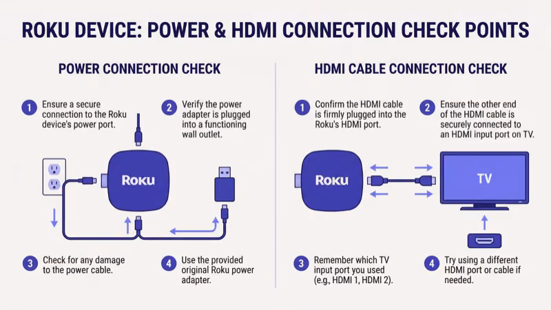 Roku HDMI and power cable connections being checked and firmly seated on TV