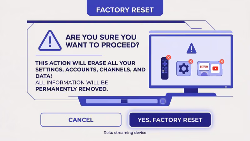 Roku TV factory reset menu under Advanced System Settings to resolve restart loop