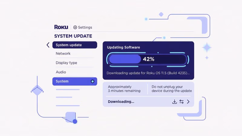 Roku TV settings menu showing system update screen to fix restart issues