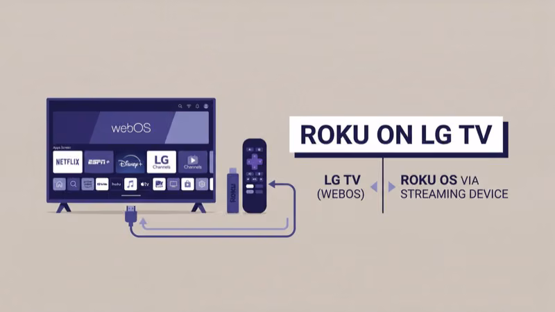 Roku streaming device next to LG TV comparing app libraries and features