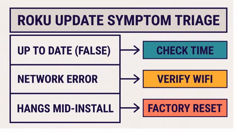 Three-row decision tree showing Roku update failure symptoms check now says up to date check now network error and install hangs mid-install each paired with a different first-action column