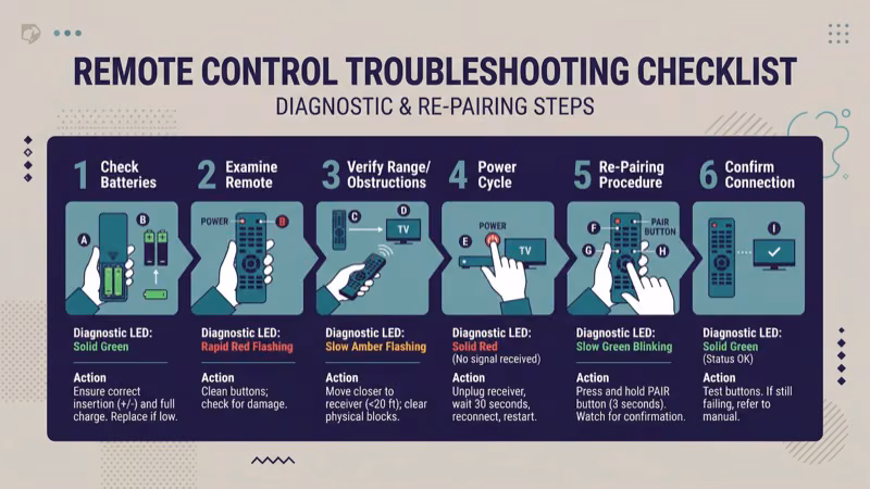 Remote control troubleshooting with battery and LED diagnostics