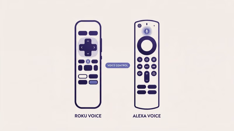 Roku Voice Remote Pro 2 and Alexa Voice Remote Pro shown side by side with key buttons labeled