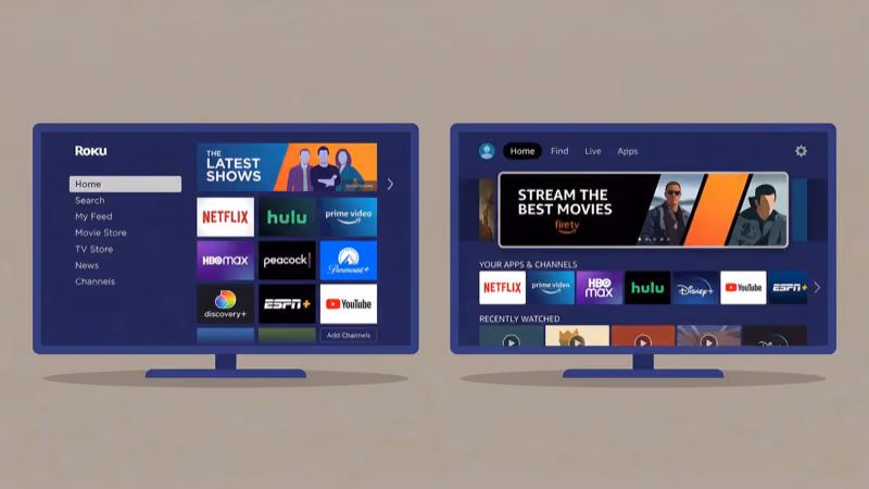 Roku and Fire TV home screen interfaces compared side by side