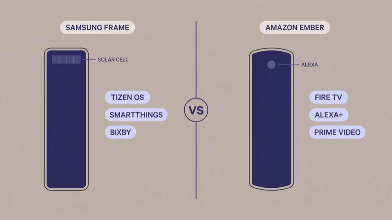 Two remote silhouettes compared: Tizen plus SmartThings plus Bixby versus Fire TV plus Alexa plus