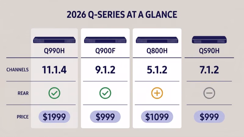 Samsung 2026 Q-series lineup comparison matrix showing channel counts rear speaker status and prices for Q990H Q900F Q800H and QS90H