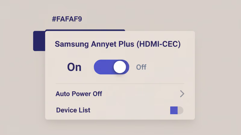 Samsung TV Anynet Plus HDMI-CEC toggle in External Device Manager settings menu