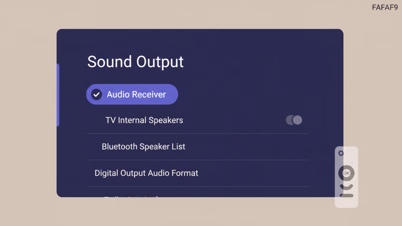 Samsung TV Sound Output menu showing Receiver HDMI option selected over TV Speaker