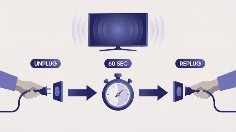 Three-step power cycle diagram for Samsung TV showing unplug wait and replug