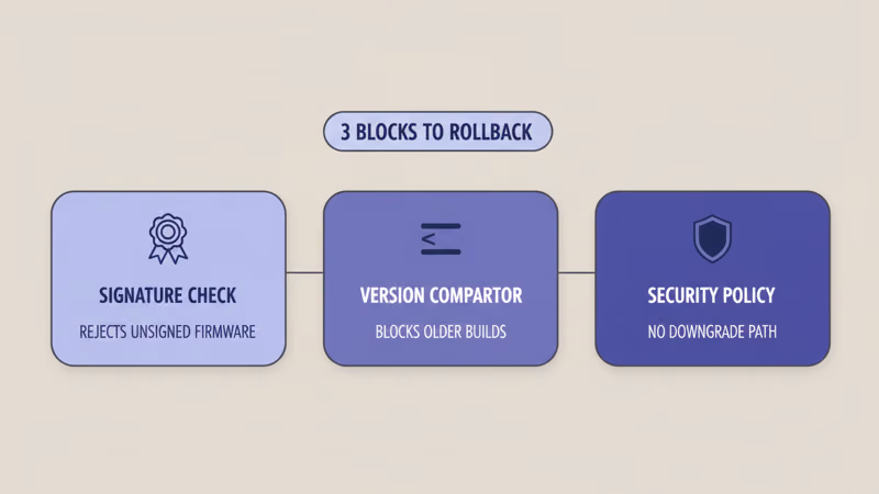 Three blocks to rollback shown as cards: signature check rejects unsigned firmware, version comparator blocks older builds, security policy has no downgrade path
