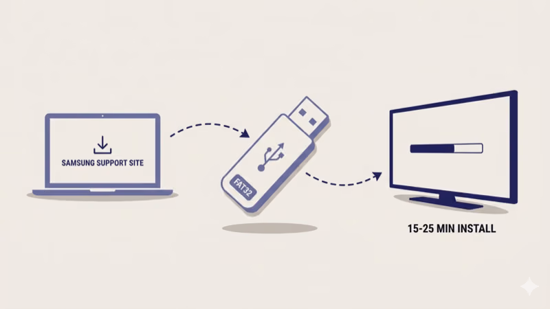 USB firmware update workflow from computer download to TV installation