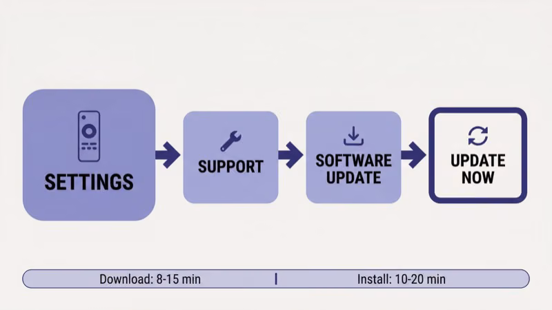 Samsung TV settings navigation path from Settings to Update Now