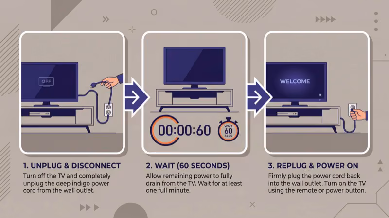 Samsung TV power cycle steps unplugging from wall outlet to reset