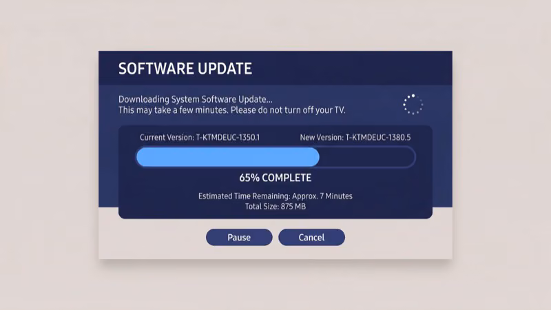 Samsung TV settings showing software update progress screen