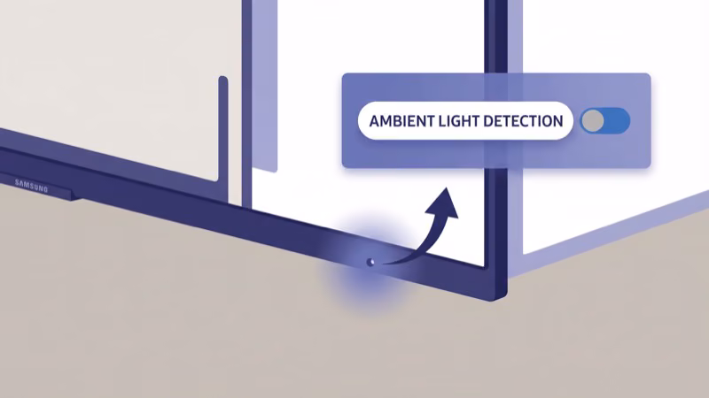 Close-up of Samsung TV bezel ambient light sensor with disable toggle menu floating above