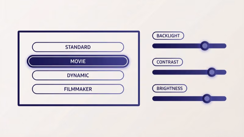 Samsung Picture Mode settings with Movie highlighted and Backlight Contrast Brightness sliders