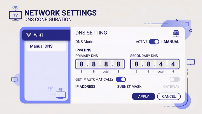 Samsung TV IP settings screen with Google DNS 8.8.8.8 entered manually