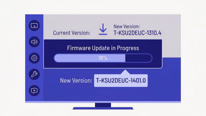 Samsung TV software update screen with USB drive inserted for offline firmware installation