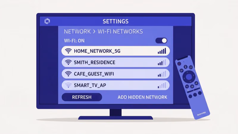Samsung TV network settings menu showing Wi-Fi connection options and status