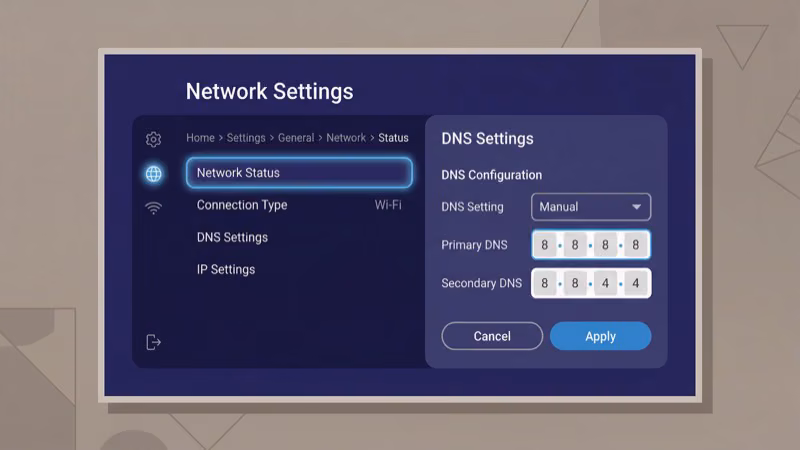Samsung TV network settings with custom DNS address configuration