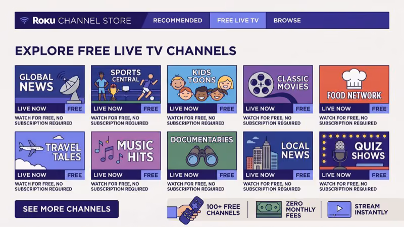 The Roku Channel live TV guide showing 400 plus free channels available on Roku devices
