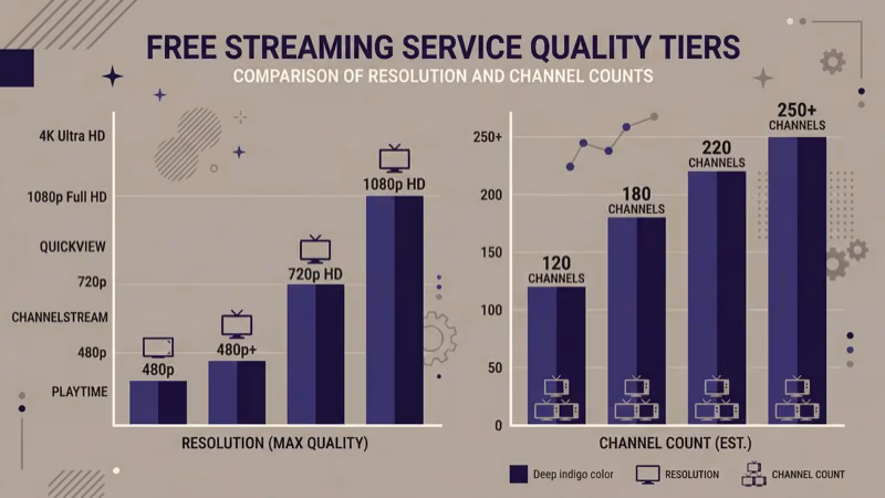 Free streaming service comparison chart showing resolution and channels