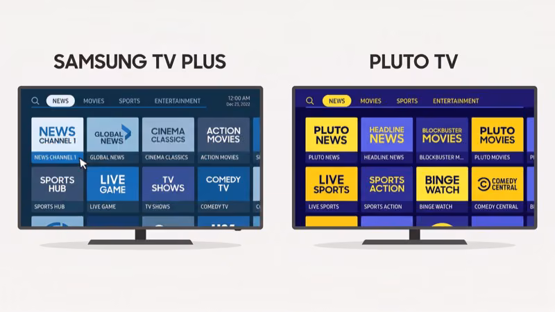 Samsung TV Plus and Pluto TV channel lineup grids compared side by side