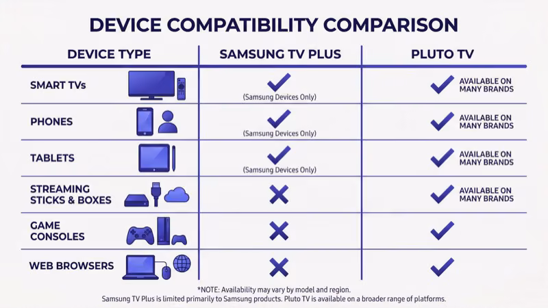 Streaming devices supported by Pluto TV versus Samsung TV Plus compatibility chart