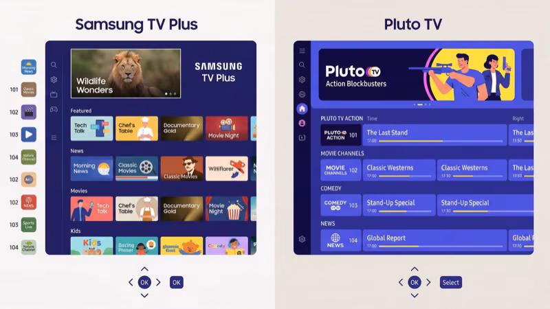 Pluto TV cable-style grid interface compared to Samsung TV Plus vertical channel strip