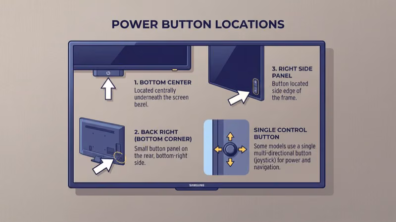 Diagram showing four Samsung TV power button locations across different model years